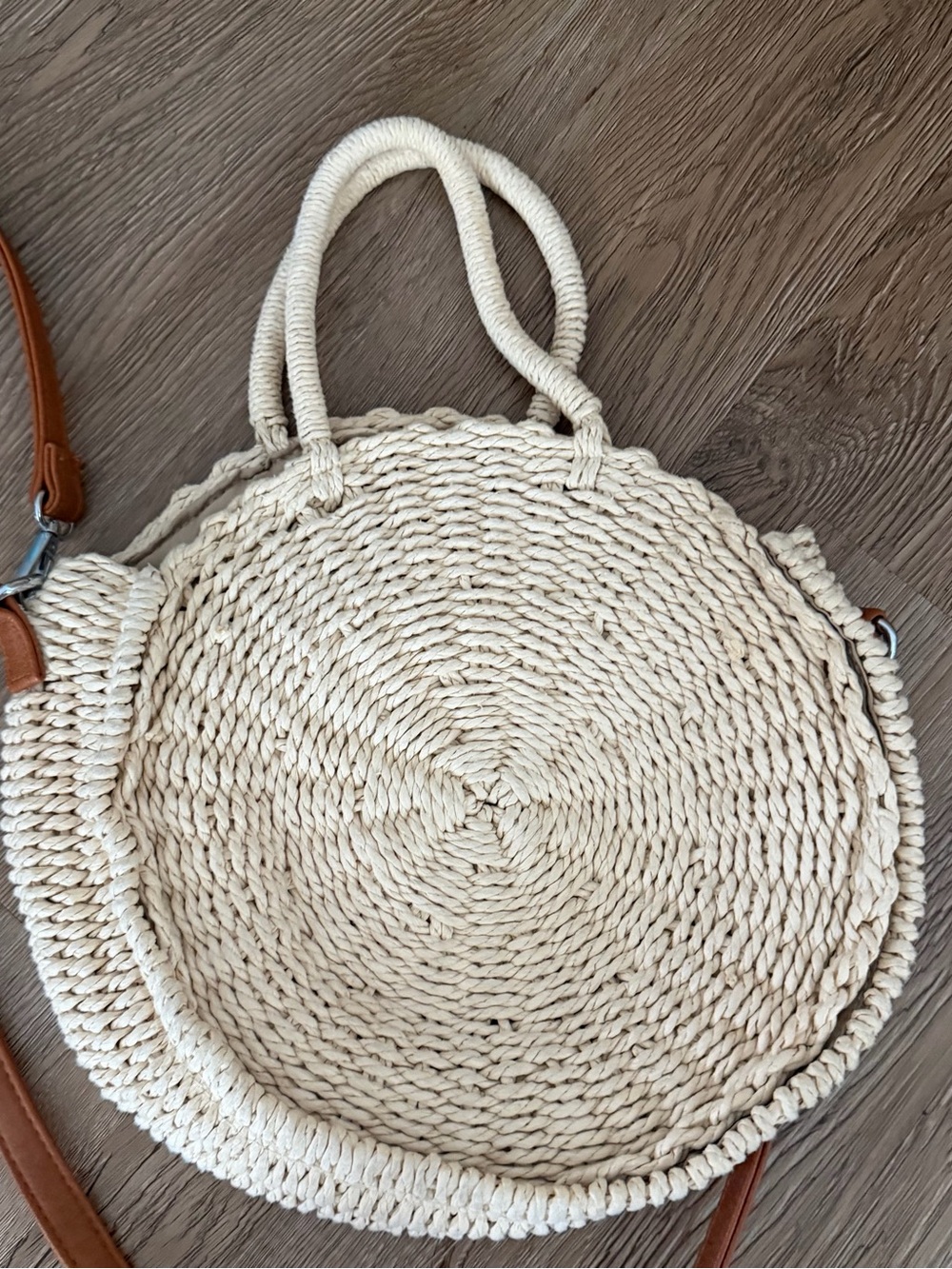 Round Woven Crossbody Bag in Cream with Brown Strap